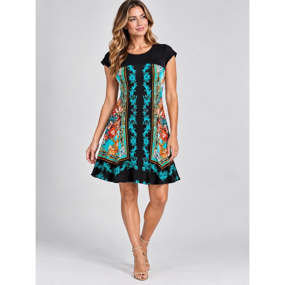 Eva Varro Womens Wearable Art Small Black Teal Baroque Floral Scarf Print Dress